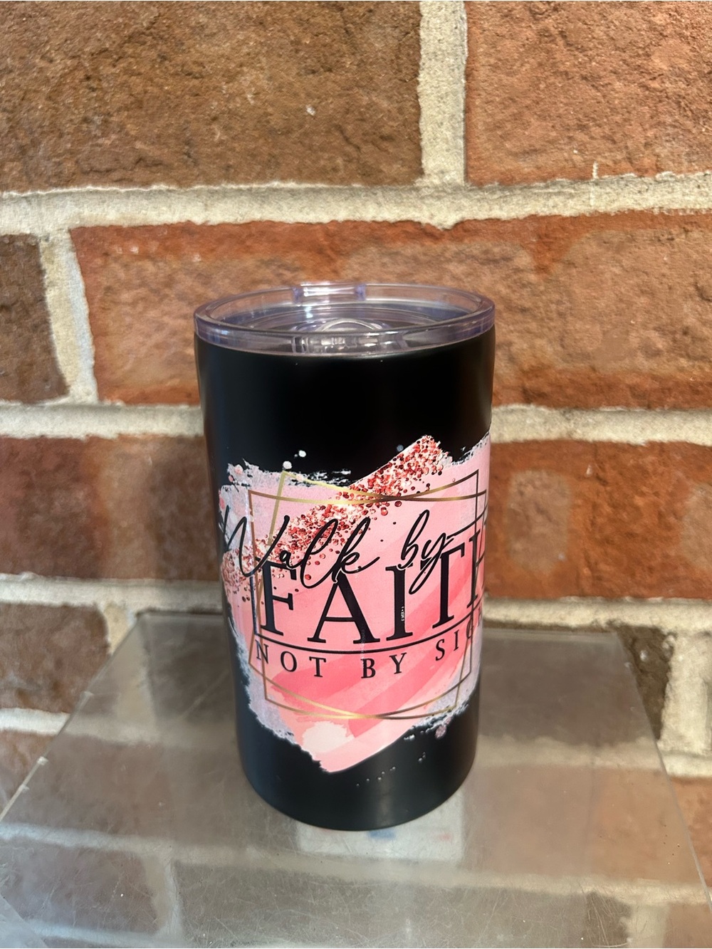 Inspirational 'Walk by Faith' Stainless Tumbler - Black with Pink Graphic